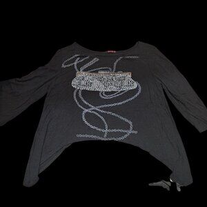 Michelle Black Graphic Embellished Top – Size Large – Beaded Purse Print